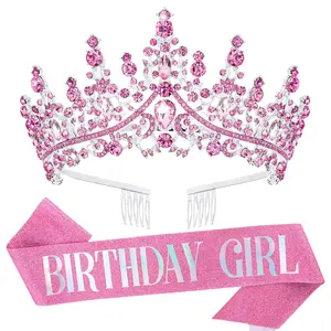 Birthday Tiara Crowns for Women Girls Elegant Princess Crown with Combs Birthday Girl Headband Sash Happy Birth Party Decorations Birth  Cake Topper Hair Accessories