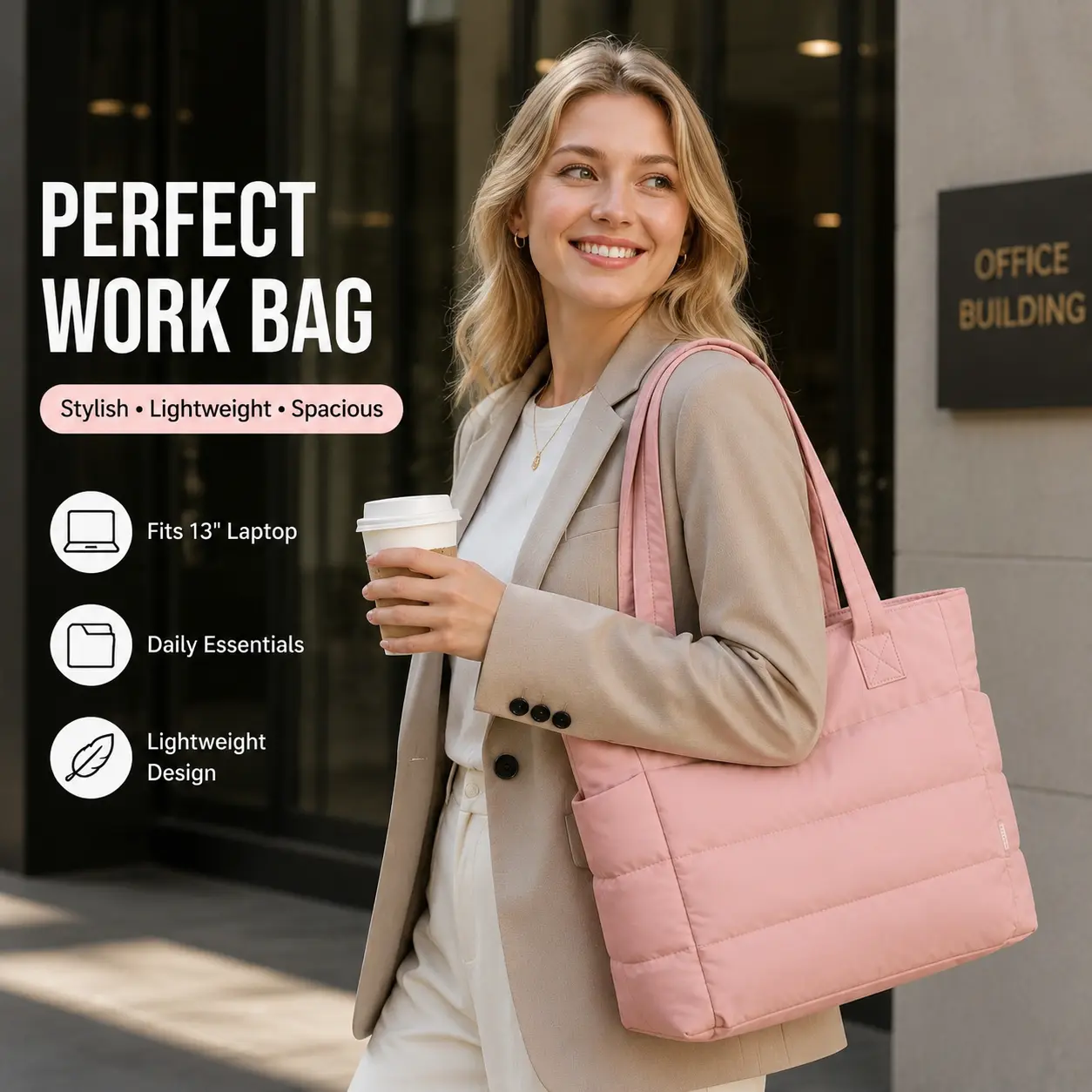 Bagstellar Puffer Tote Bag for Women with Makeup Bag, Large Work Laptop Bag,tote bag for college Lightweight Travel Bag with Zipper Gifts for Mom Wife Teacher Nurse Quilted Shoulder Handbag for School Gym