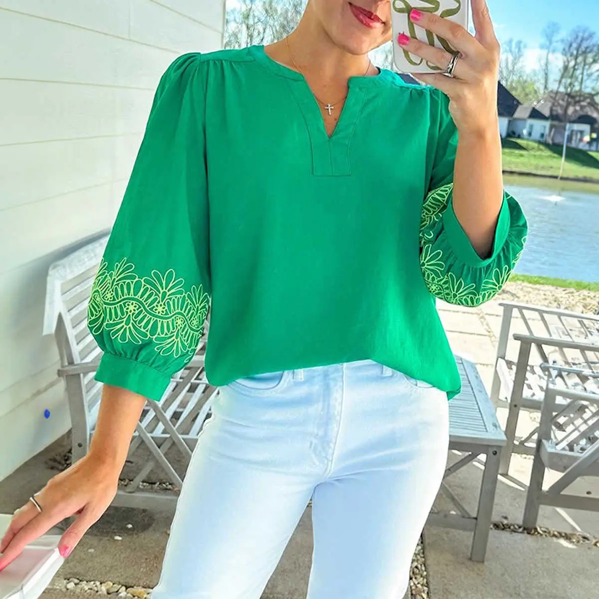 Green Contrast Floral Embroidered 3/4 Sleeve Notched V Neck Elegant Blouse