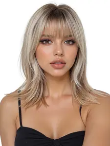 16 Inch Medium Length Wig with Bangs, Natural Look, Easy Maintenance, Suitable for Daily Use or Parties, Elegant Women Synthetic Hair