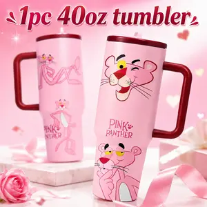 1 Pc 40oz insulated mug, Insulated water cup, large capacity vacuum cup, double wall, leak proof, with handle and lid, skinny design, for hot cold drinks, keep hot 12h cold 24h, Pink Panther cartoon print, gift for women girls, travel use tumbler