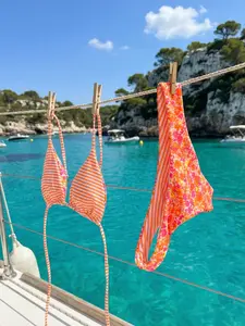 Vibrant Orange Floral Bikini Set - Retro Striped & Floral Print Triangle Bikini Women Cute Swimwear Y2K Sexy Beach Bottoms