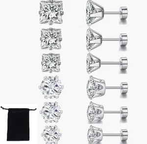 6 Pairs Flat Back Earrings - Pack of Surgical Stainless Steel Round Square Princess Cut CZ Screw Back Stud For Women Men Hypoallergenic Cubic Zirconia Earrings