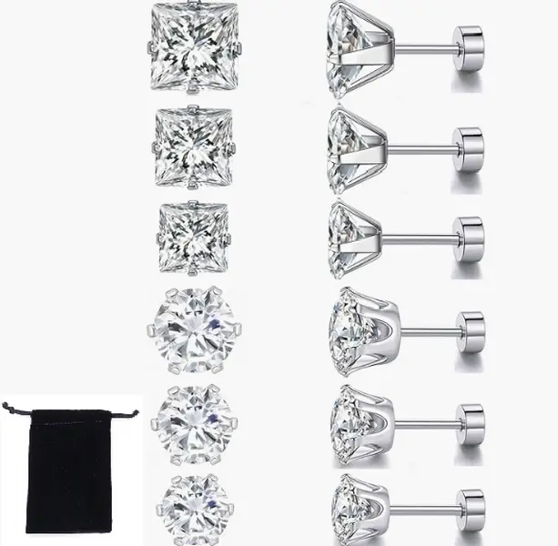 6 Pairs Flat Back Earrings - Pack of Surgical Stainless Steel Round Square Princess Cut CZ Screw Back Stud For Women Men Hypoallergenic Cubic Zirconia Earrings