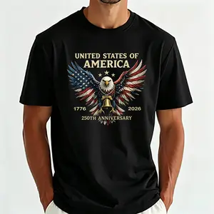 American Eagle Flag 250th Anniversary Graphic Oversized Cotton T-Shirt, Fashion Comfort Casual Men Outfit, Perfect Independence Day Holiday Gift For Him Family Friends, Best Patriotic Present