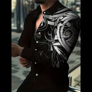 Menswear Top Long Sleeve Black Shirt with Silver White Patterns Polyester Material Stylish Button Embellishment for Daily Life or Party Casual Formal