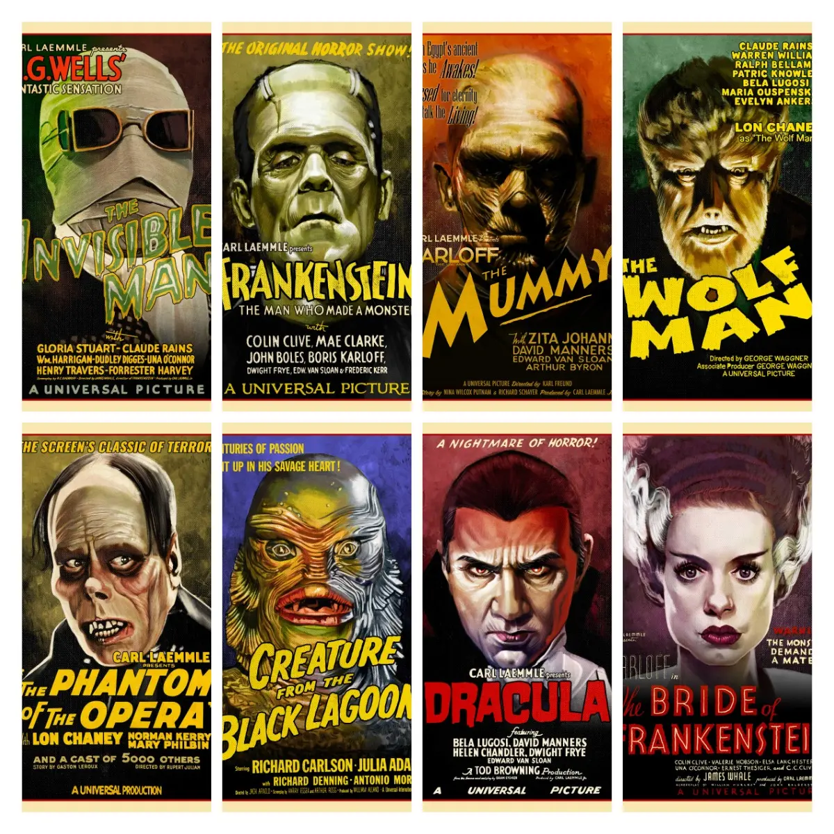 Vintage Classic Horror Movie Art Prints Posters - Universal Monsters Old Hollywood Unframed Hangable Collection, Spooky Canvas Wall Decoration for Living Room, Home Office Halloween Decor, Print Design, Creative Design Print