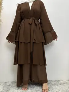 Women's Solid Color Three Layered Chiffon Open Front Abaya, Modest Fashion Long Sleeve Round Neck Dress for Daily Wear, Women's Islamic Clothing for All Seasons