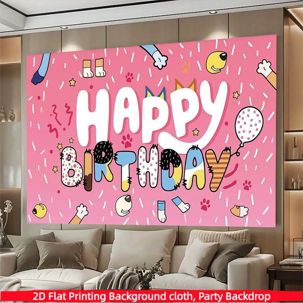 Pink cartoon dog-themed photography background banner, made of polyester, suitable for photo booths, parties, birthdays, celebrations, as well as indoor and outdoor home birthday party decorations, home decor, room decor, and wall decor