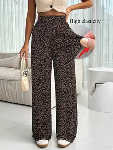 Women's Leopard Print Wide-Leg Trousers, Loose-Fit Elastic Waist, Versatile Casual Wear, Perfect for Daily, Parties, Holidays
