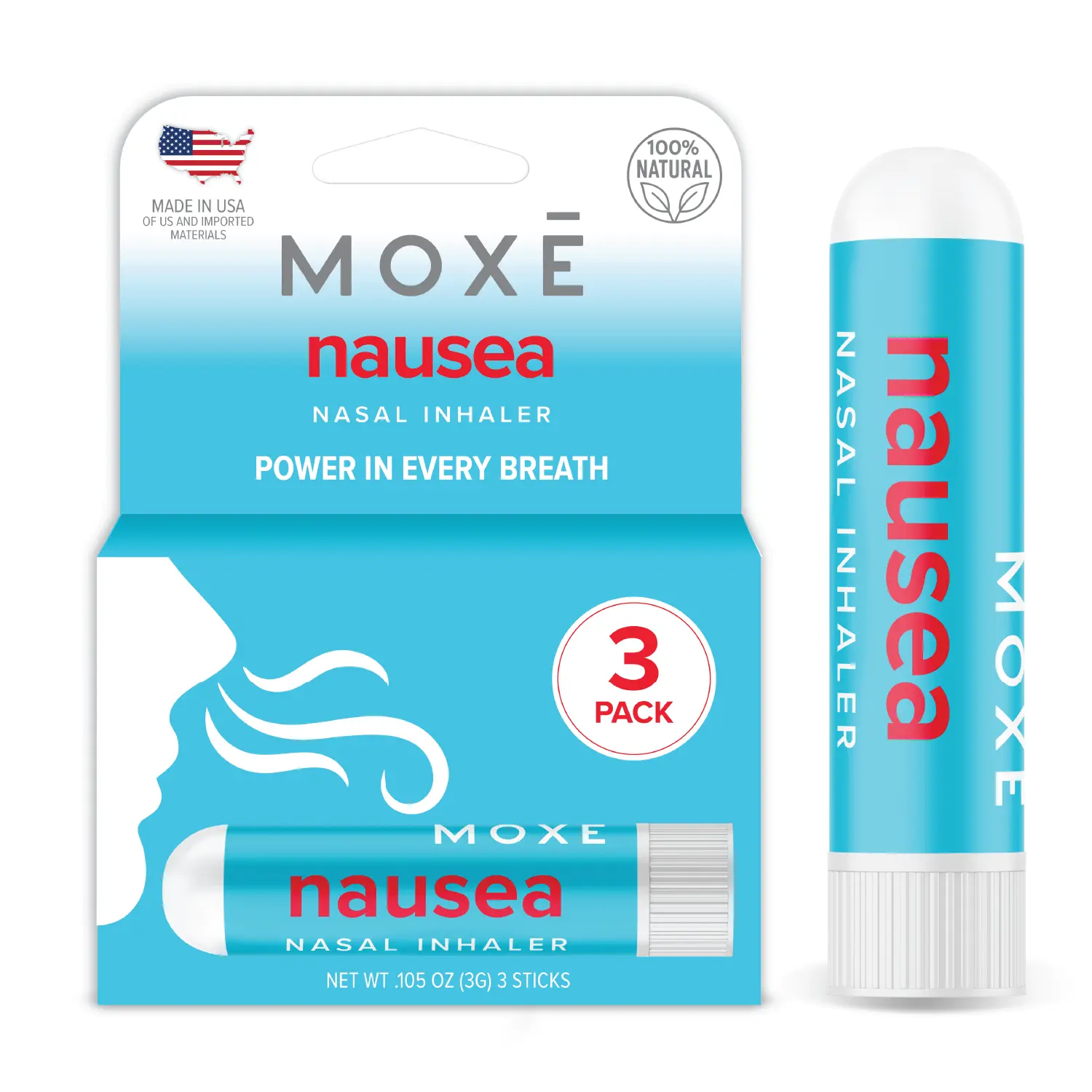 MOXE Nausea Nasal Inhaler Sticks, All Natural Essential Oil Blend, Ginger, Cardamom, Peppermint, Sweet Orange, Upset Stomach, Headaches, Easy-to-Use Portable Aromatherapy, Made in USA