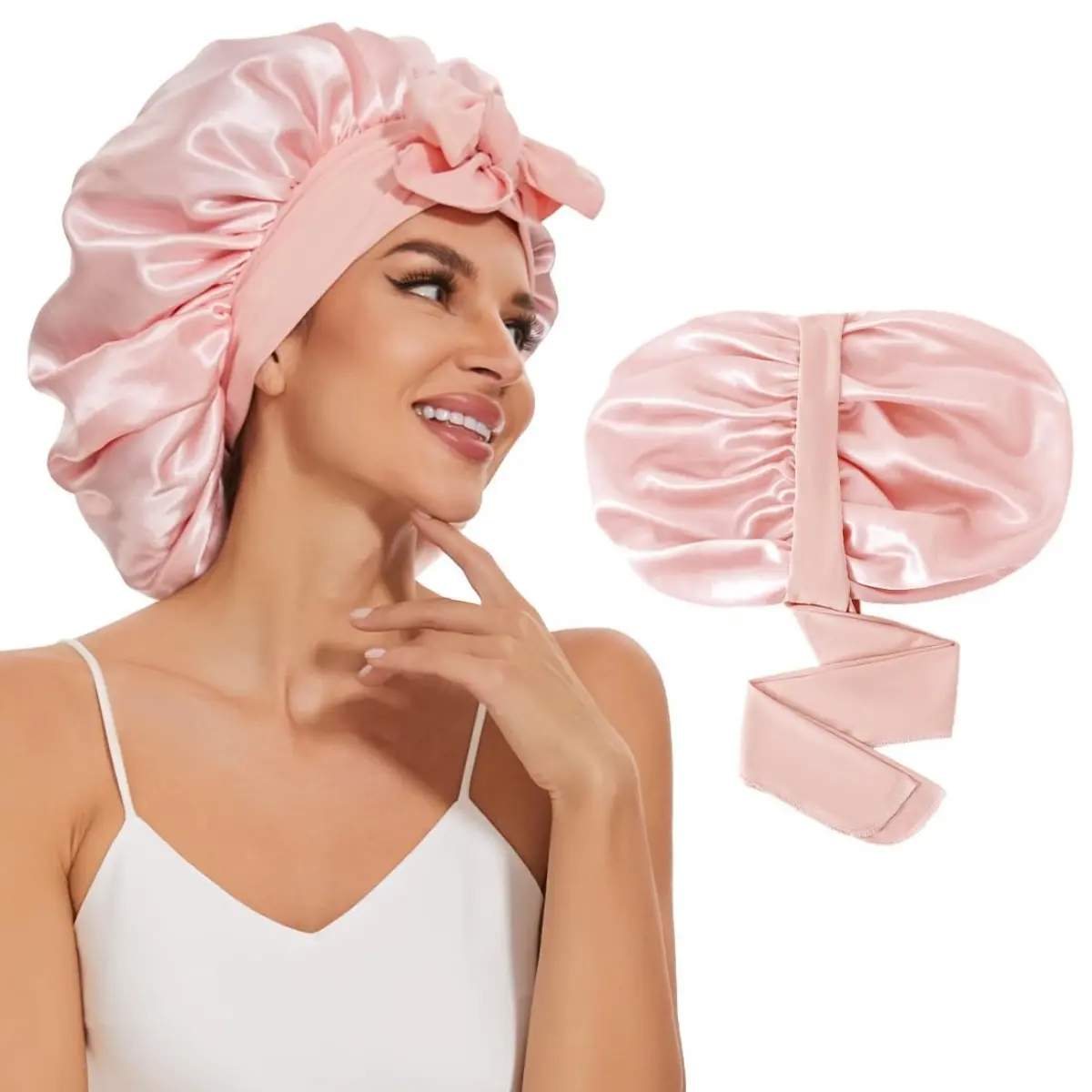Large Satin Silk Bonnet for Sleeping Women, Adjustable Hair Bonnets for Sleeping with Tie Band, Silk Bonnet Sleep Cap for Curly Hair Long Braids, Hair Care Cap (Black+Baby Pink)