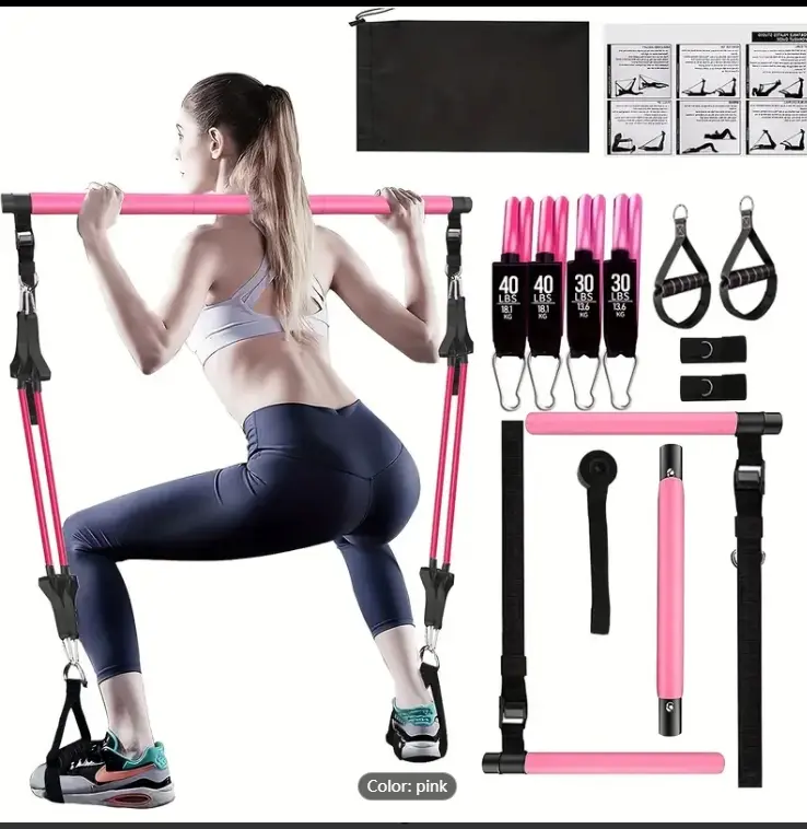 Adjustable Pilates Bar Kit: 4 Resistance Bands (30, 40 Lbs) And 3 Sections Stackable Fitness Bars, Portable Multi-functional Fitness Equipment Set For Yoga, Workout And Fitness