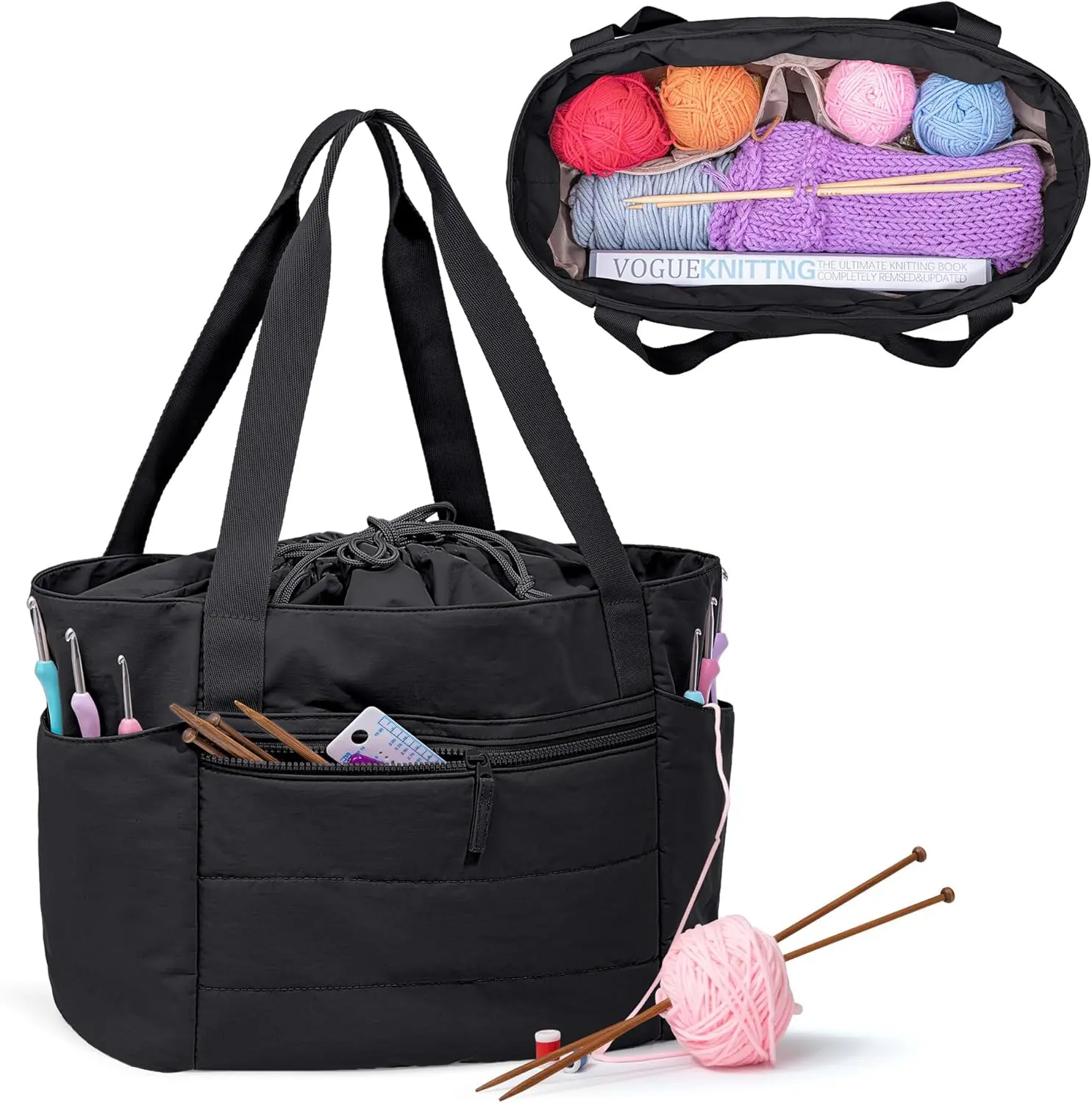 Large Knitting Bag Tote, Puffer Yarn Storage Bag, Drawstring Crochet Bag Organizer for Yarn Skeins and Crocheting Supplies, Black