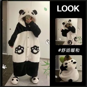 Pajama Kigurumi Cosplay Party Costume Loungewear Cartoon Panda Long Robe Jumpsuit Winter Women Thicken Coral Fleece Homewear Nightwear Everyday