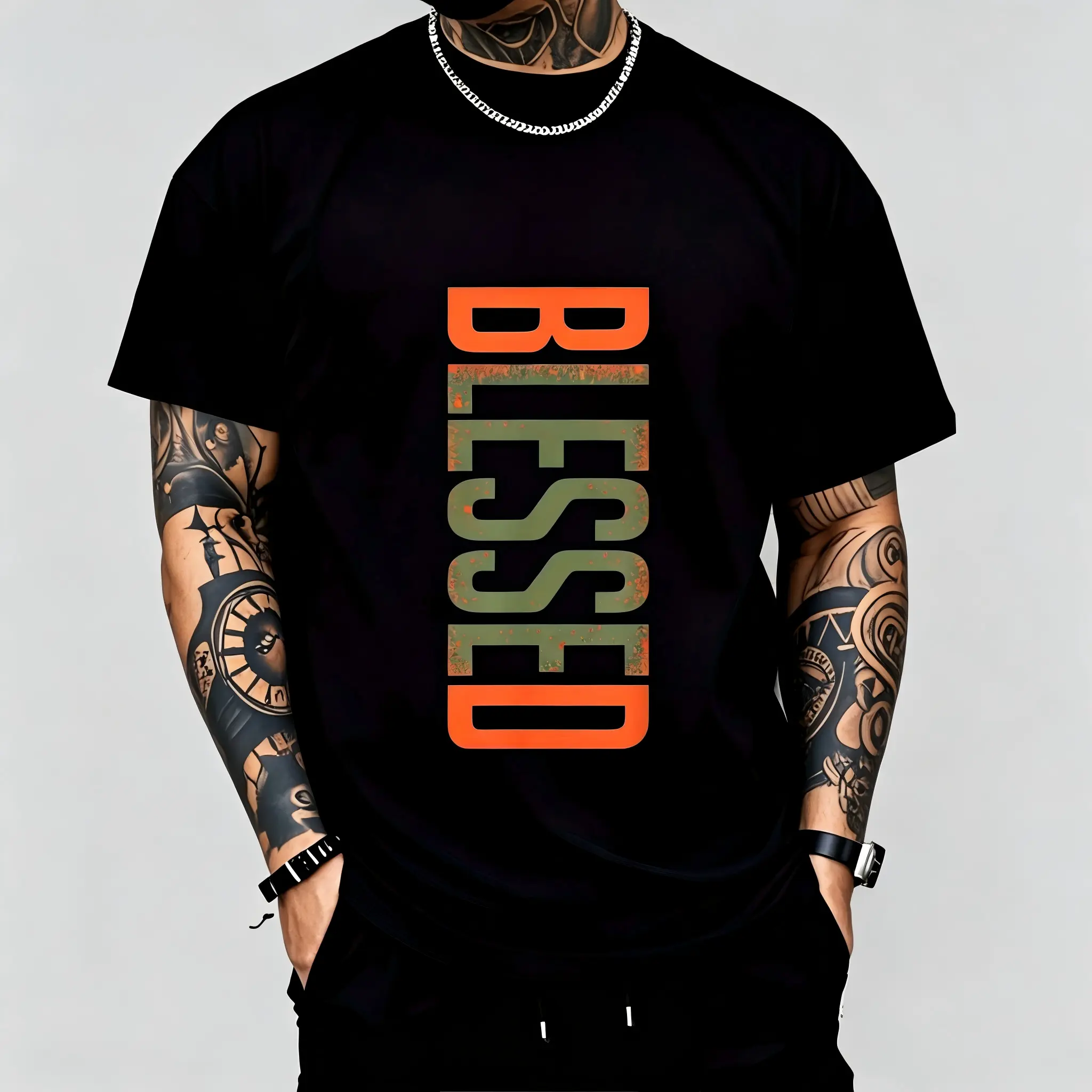 "BLESSED" Vertical Text Christian Inspirational T-Shirt for Men & Women - Urban Faith Graphic, Soft Breathable Cotton Crew Neck Short Sleeve, All-Season Summer Spring Everyday Wear, Great Religious Gift, Streetwear, Machine Washable