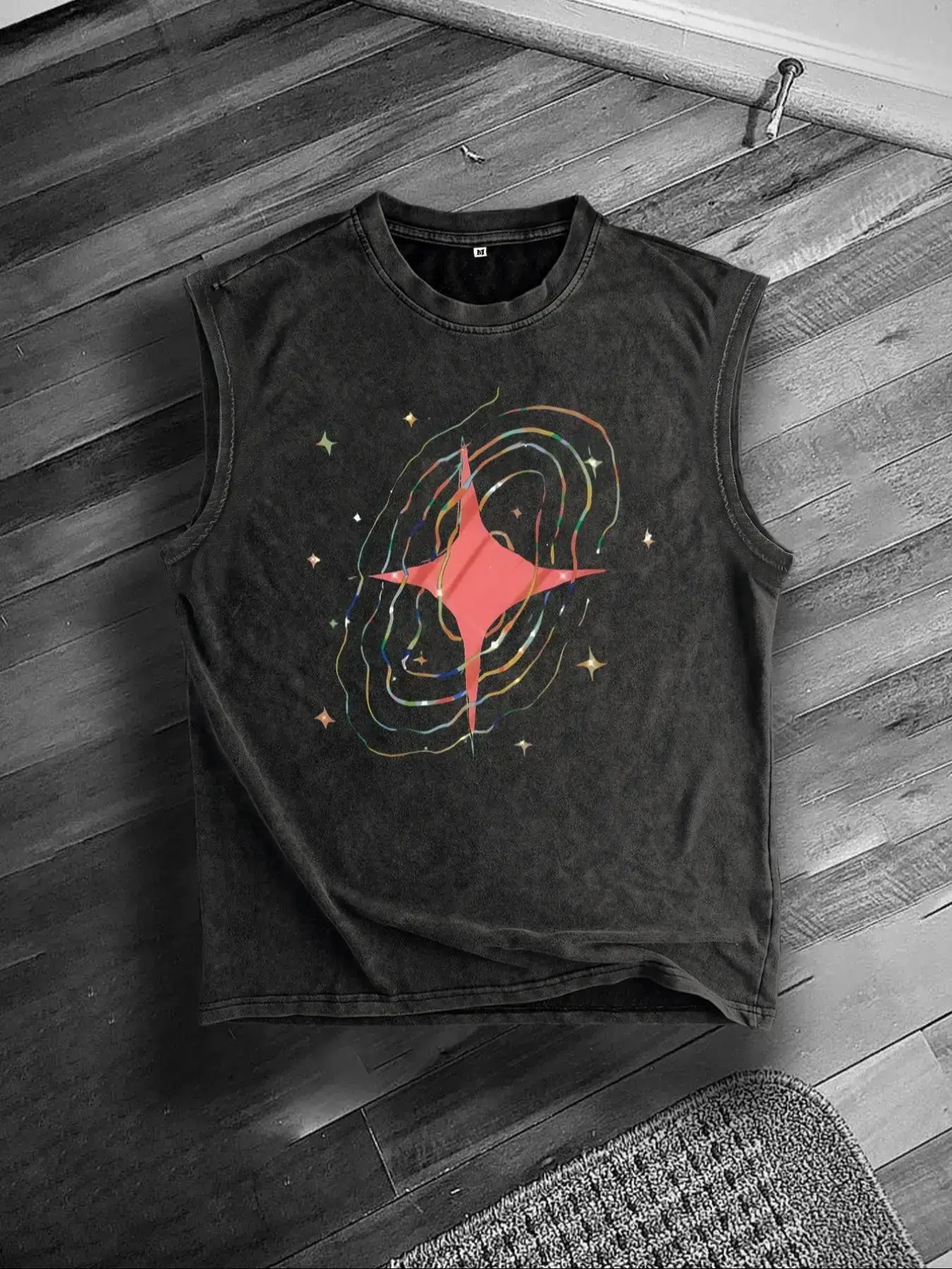 Men's Vintage Menswear Loose Galaxy Print Sleeveless Tank Top - Casual Comfy Distressed Shortsleeve-Inspired Daily Wear, Festive All-Season Fitness Workout Top