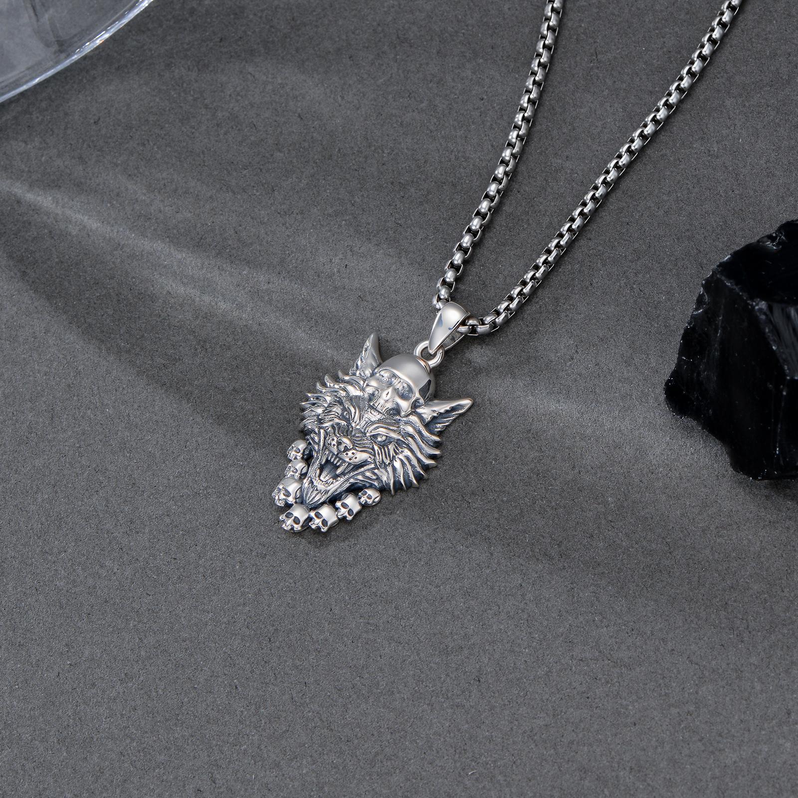 MEIDERBO Dream Chaser Wolf Skull Necklace for Men 925 Sterling Silver Oxidized Finish Wild Animal Pendant Captain Steel Style Stainless Steel Bead Chain 22+2 Inch