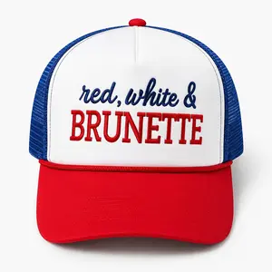 Red White & Brunette Trucker Hat for Women, Patriotic 4th of July Baseball Cap, Embroidered Mesh Snapback, USA Summer Accessory – Perfect for BBQ, Lake Day, Country Concert Outfits, Independence Day Party, Fireworks, Beach Trips & Everyday Style trend