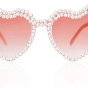 Pearl Sunglasses for Women, Pearl Glasses Vintage Love Heart Shaped Sunglasses for Women Girls Adults Dress up Party
