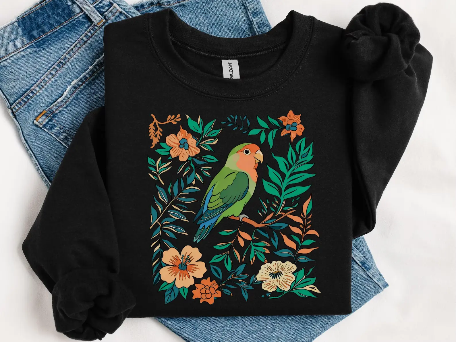 Lovebird Wildflower SweatShirt, Boho Floral Lovebird Bird Watching SweatShirt, Bird Lover Gift