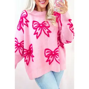 Pink Bow Pattern Drop Sleeve Loose Sweater