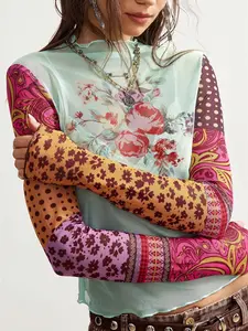 Vintage color-blocked spliced mesh long-sleeve, sexy see-through floral print layered top, French vacation style floral patchwork mesh long-sleeve T-shirt, vintage floral color-blocked ruffle slim-fit top