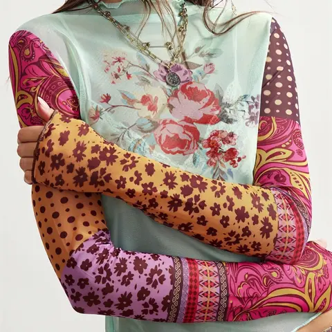 Vintage color-blocked spliced mesh long-sleeve, sexy see-through floral print layered top, French vacation style floral patchwork mesh long-sleeve T-shirt, vintage floral color-blocked ruffle slim-fit top Chic All Season Top