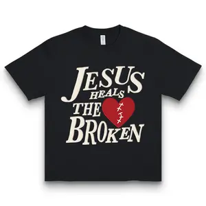 Jesus Heals The Broken Heart Christian Faith T Shirt Inspirational Bible Verse Graphic Tee Religious Gift MEN 100% Cotton Classic Fit Short Sleeve Crew Neck Summer Unisex Menswear Top