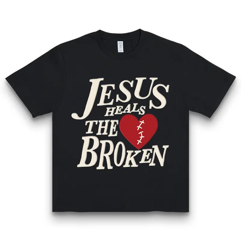 Men's 'Jesus Heals' Graphic Tee, Streetwear Short Sleeve Polyester Top with Round Neck, Religious Christian Gift
