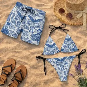 America 250th Anniversary Blue and White Matching Couples Swimwear Set, Women's Bikini Men's Shorts, 4th of July Vacation