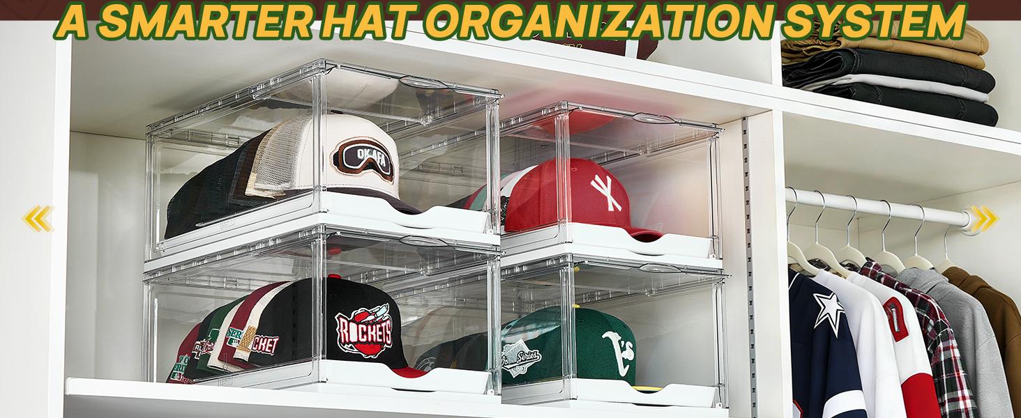 Vtopmart 2-4 Pack Hat Organizer for Baseball Caps, Clear Hats Holder Box with Drawer, Large Cap Storage with Sliding Tray, Stackable Rack Display Case with Magnetic Door, Each Holds 12 Hats