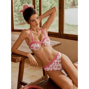 Cider U-neckline Floral Gingham Lace Trim Underwire Cheeky Bikini Set