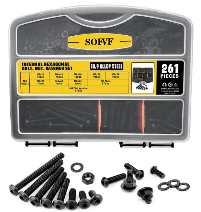 261Pcs M6 Button Head Hex Socket Cap Screws Assortment Kit, 10.9 Grade Alloy Steel Black Metric Bolts Nuts Flat Washers with Hex Wrench for Automotive, Motorcycle & Furniture Repair