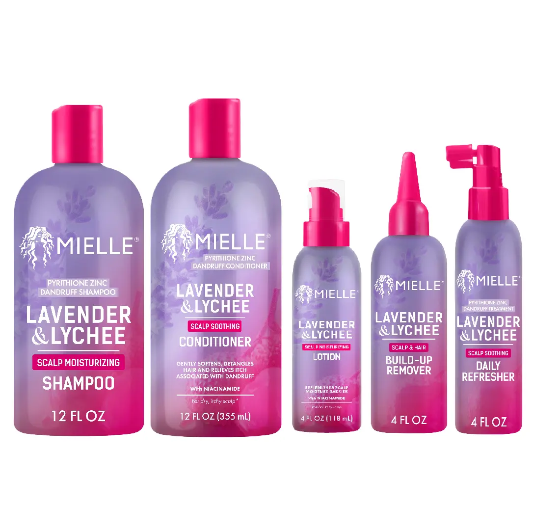 Mielle Total Scalp Authority Hair Kit with scalp moisturizing shampoo, scalp soothing conditioner, daily scalp refresher, daily scalp lotion, and scalp build up remover.