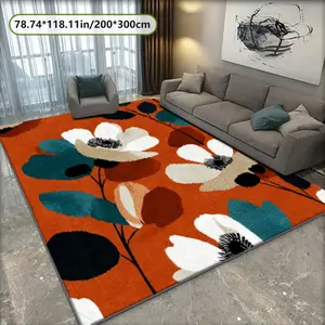 Modern Floral Vintage Print Carpet, Soft Comfortable Velvet Rug, Home Decor for Living Room, Bedroom, Coffee Shop, Multi-Scene Use