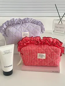 Fashion Simple Design Berry Color Lace Makeup Bag, High Aesthetic Portable Beauty Bag, Large Capacity Storage Pouch for Travel, Cosmetic Pouch, Travel Cosmetic Bags