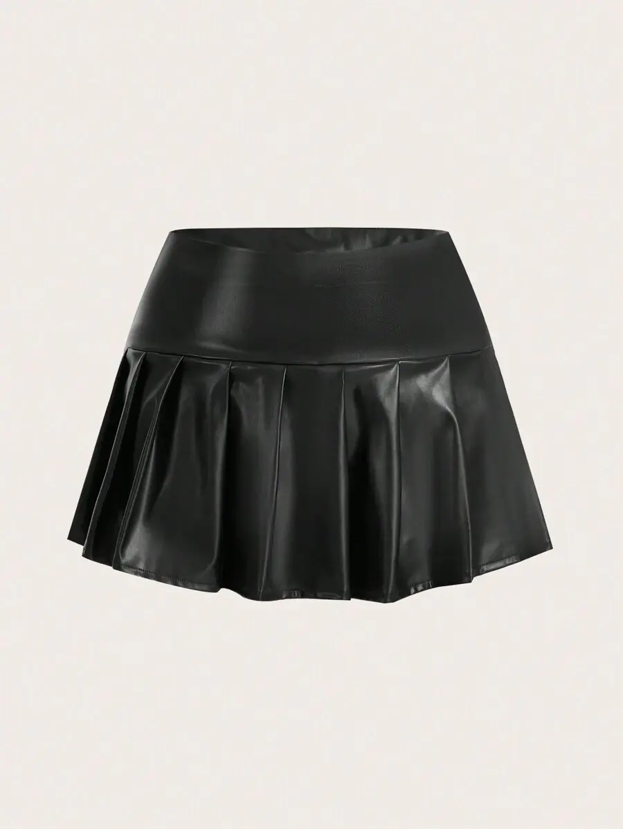 Plus Size Pu Leather Pleated Skirt Fall