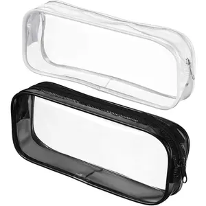 2pcs Clear Cases with Zipper, Multi-use Travel Makeup Brush Bags Toiletries Exam Pouch Case Travel Luggage Make up Cosmetic Bag (Black and White)