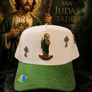 Gorra San Juditas White with Green Brim & Black Brim Hat Featuring San Juditas Emblem Small Crosses QR Code Religious Motif Accessory
