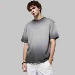 100% cotton made old Gradient  short sleeve T-shirt men's round neck loose drop rotator sleeve solid color half sleeve T