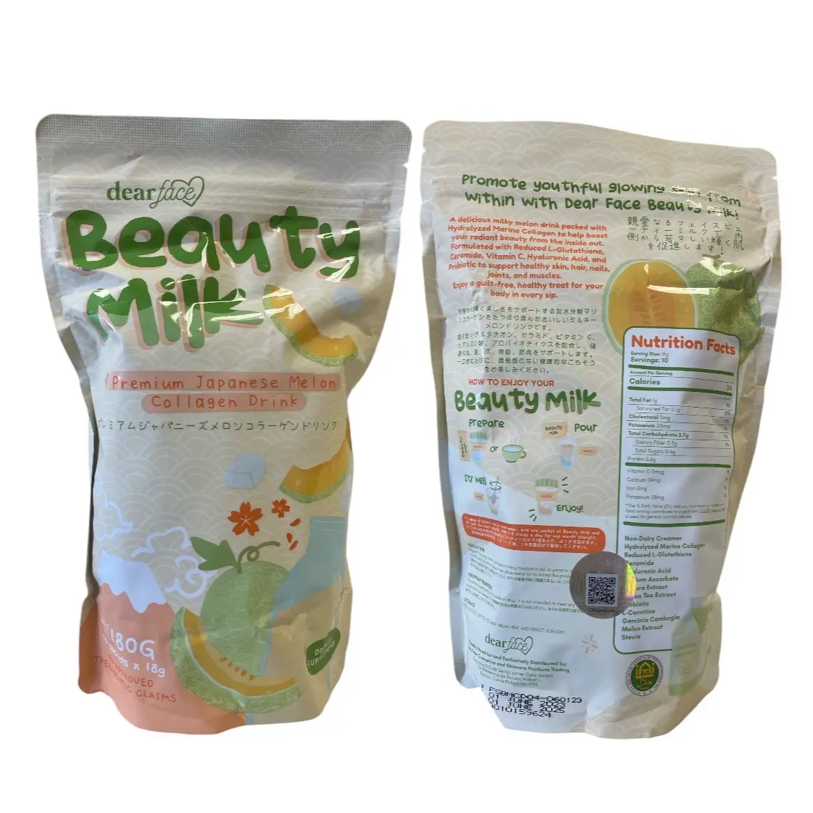 Dear Face Beauty Milk Collagen Glutathione Drink Powder - 10 Sachets x 18g 