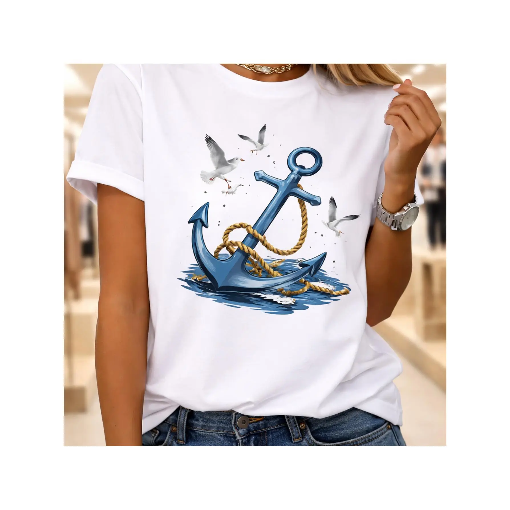 Women's Anchor Seagull Print Casual White T-Shirt Summer Beach Graphic Tee Top Casual Attire, Birthday Gifts, Christmas Gifts, Halloween Gifts, Or As A Commemorative Shirt for Friends Or Loved Ones. Also Suitable As A Pullover Fast Delivery