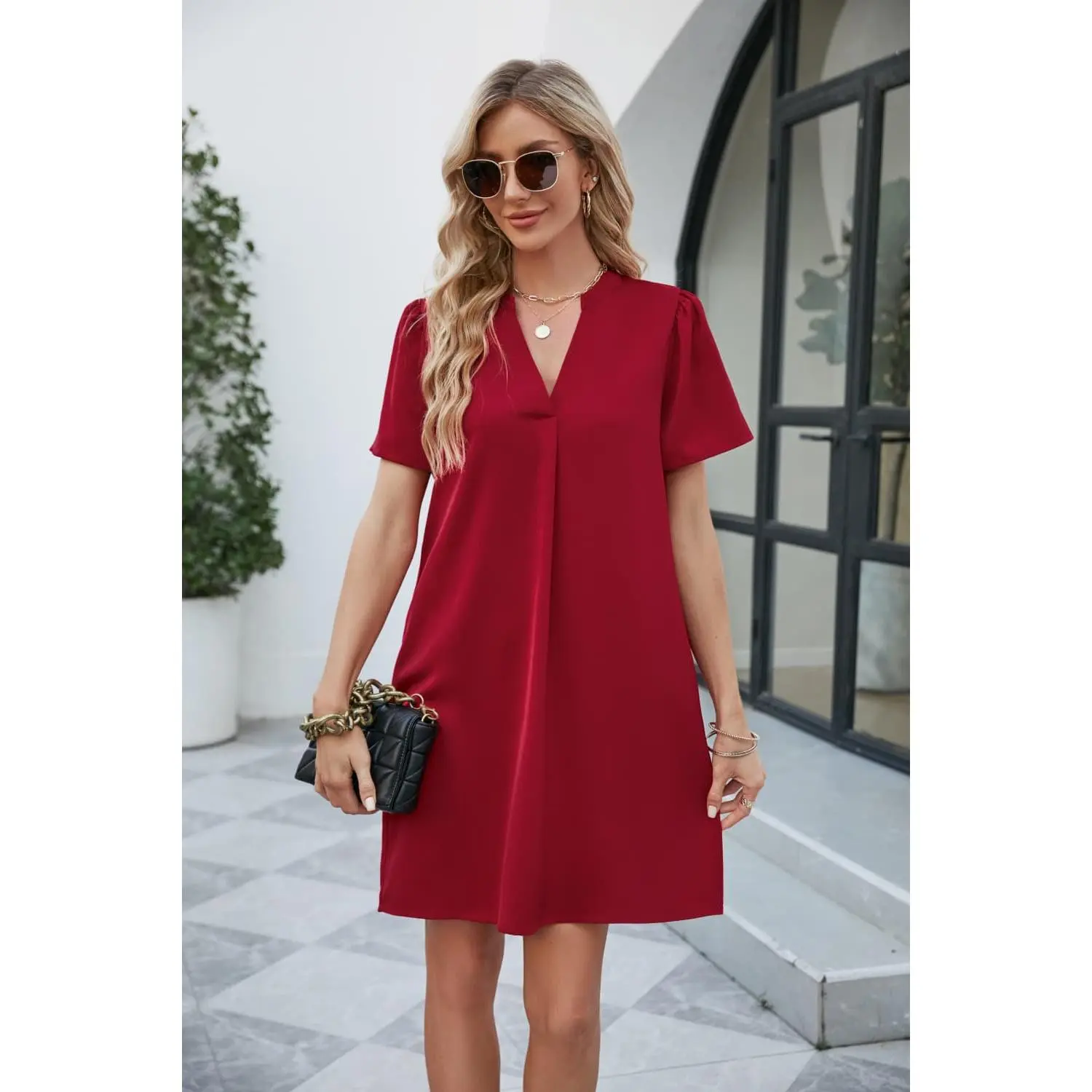 Notched Puff Sleeve Shift Dress
