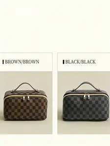 New PU Floral Grid Makeup Bag, Multi-Functional Portable Handheld Cosmetic Case, Waterproof Travel Organizer, Stylish and Practical Design