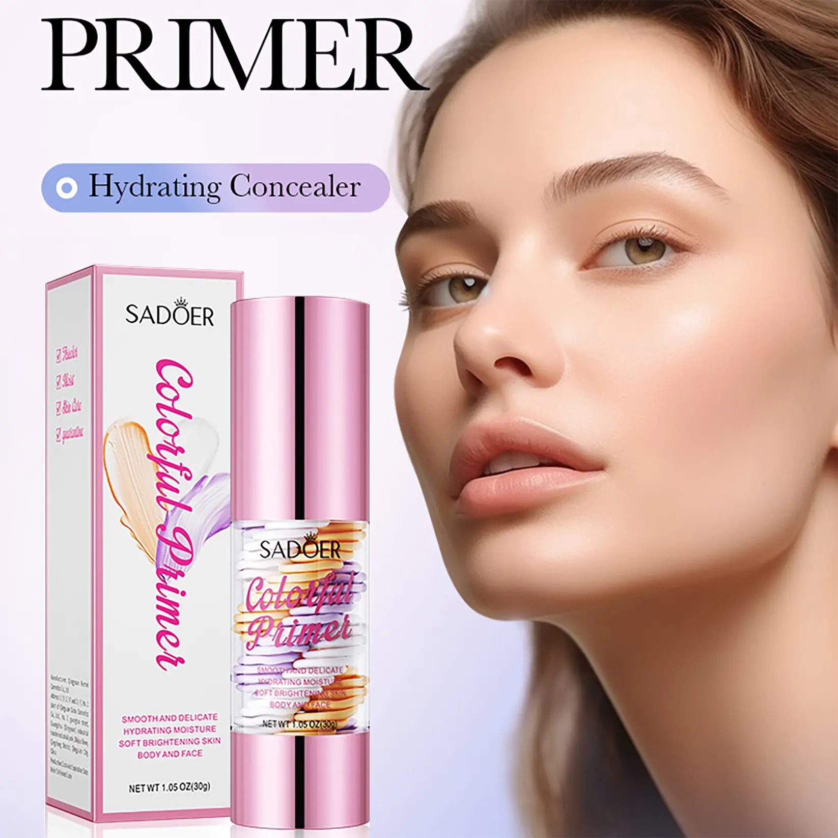 3-in-1 Color Correcting Facial Serum,Moisturizing Primer, , SPF 50 PA++ +Brightening Primer for Even Skin Tone, OilControl & Refreshing, Purple, Pink & GreenTones