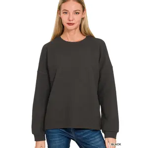 Zenana Women's Double Knit Round Neck Long Sleeve Top - Black