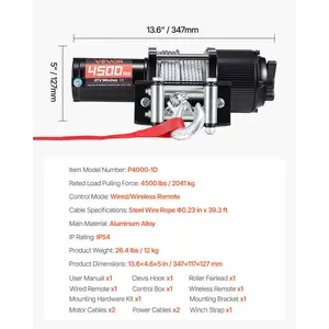 VEVOR 4500 lbs Electric Winch, 12V DC ATV/UTV Winch with 0.24 inx 39.4 ft Steel Wire Rope, Wireless Wired Remote Control, IP54 Waterproof, Roller Fairlead Mount Plate for Towing ATV UTV Off-Road