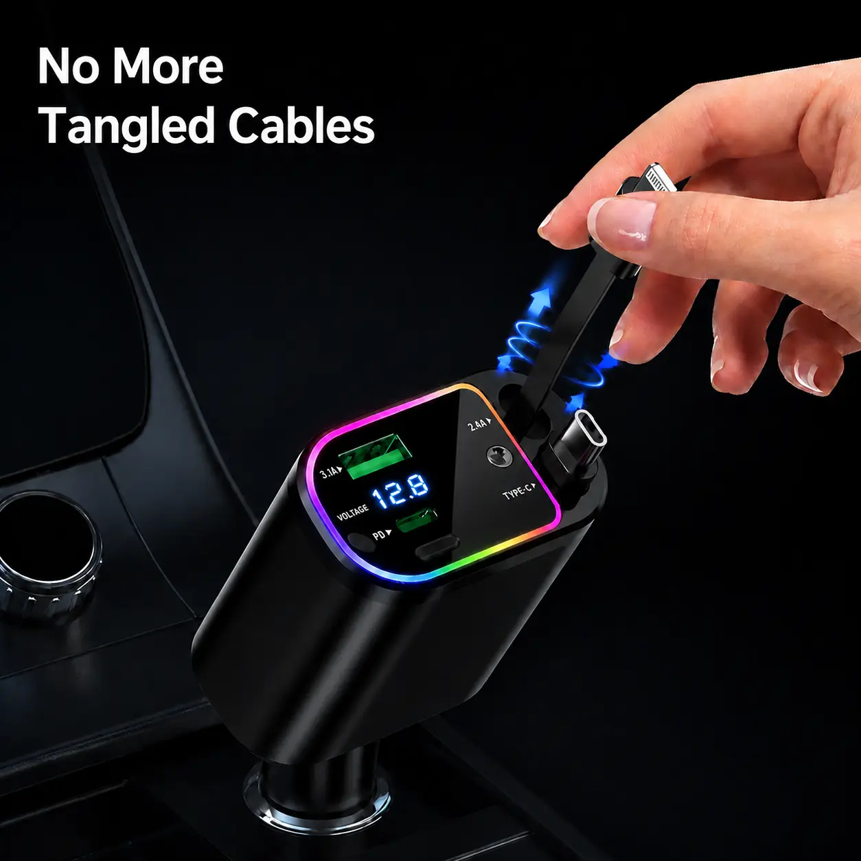 5-in-1 Retractable Car Charger with Compact Plug, Dual 70cm Cables, USB-C Fast Charging, RGB Interior Light, Digital Voltage Display, Multi-Device Standard Socket Cars Accessories for iPhone Android
