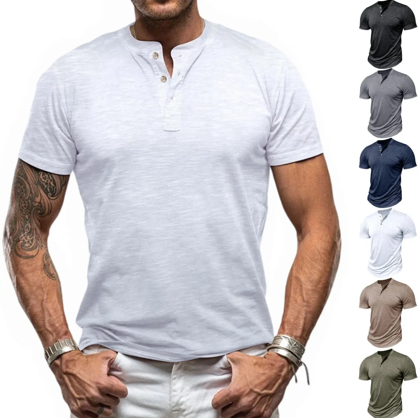 Men's Slim Fit Henley T-Shirt Short Sleeve - 96% Polyester 4% Spandex Stretch Casual Button Placket Tee, Lightweight Breathable Muscle Fit Top for Gym, Daily Wear - 6 Colors (White/Black/Khaki/Gray/Navy Blue/Army Green) S-XXL